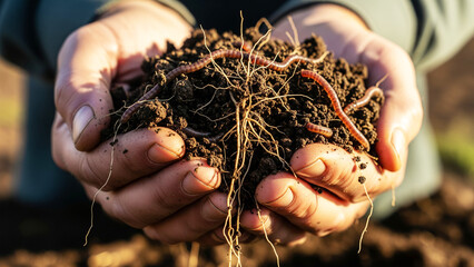 Hands Holding Soil with Worms, Roots, and Organic Matter