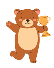 Fototapeta premium Cute winner bear holding golden cup. Flat vector illustration.