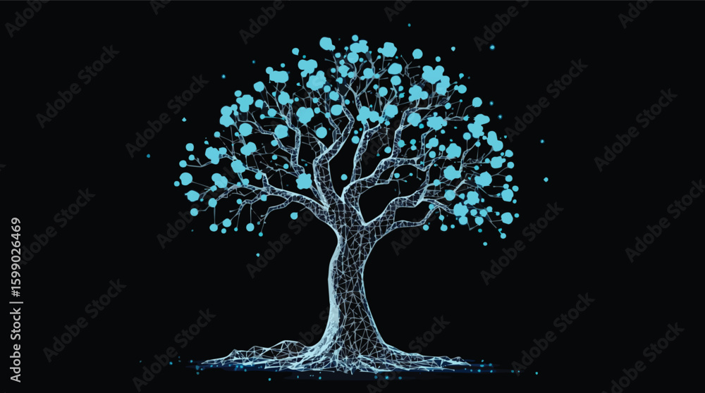 Aufkleber abstract digital tree representation with cyan blue dots and lines against a black background.