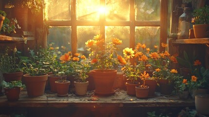 Sunlit Greenhouse Serenity: Vibrant Orange Flowers Basking in Golden Hour