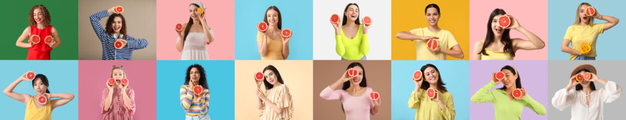 Collage of beautiful young women with grapefruits on color background