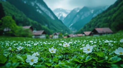 Serene Mountain Village with Blooming Meadow