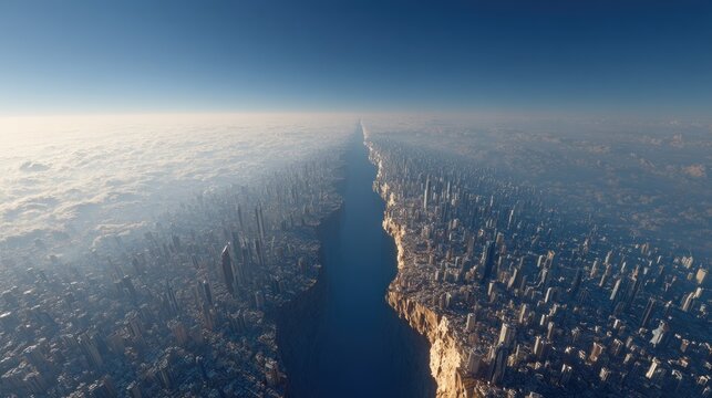 Surreal urban divide concept showcasing a futuristic cityscape and river channel - Powered by Adobe