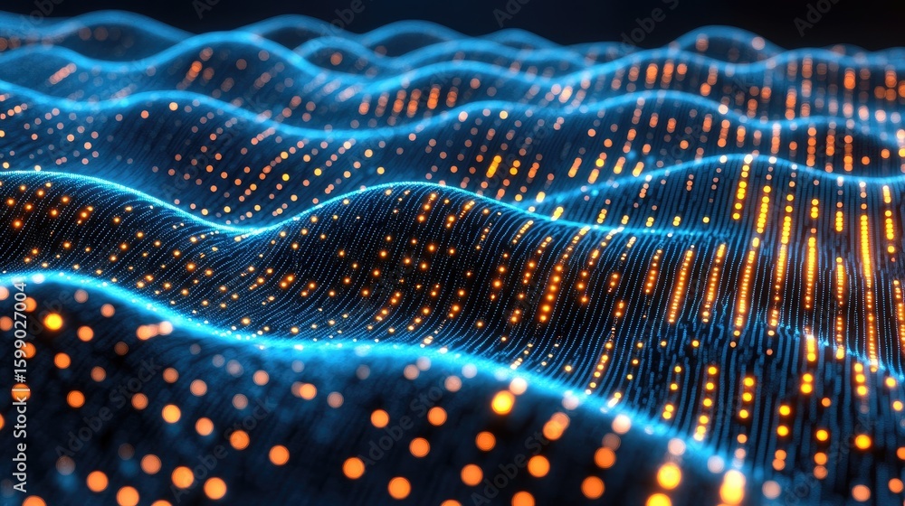 Poster abstract digital wave background with glowing particles and flowing lines