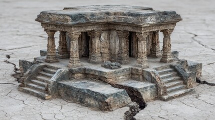 Fototapeta premium Ancient temple miniature on cracked dry land symbolizing forgotten culture