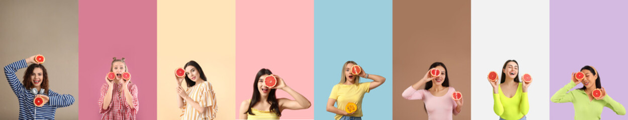 Collage of beautiful young women with grapefruits on color background