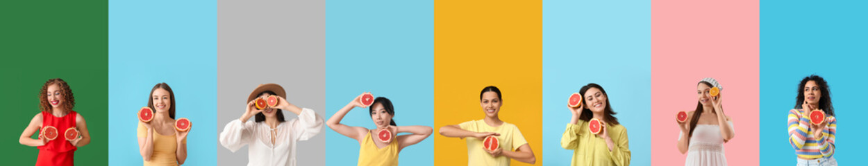 Collage of beautiful young women with grapefruits on color background