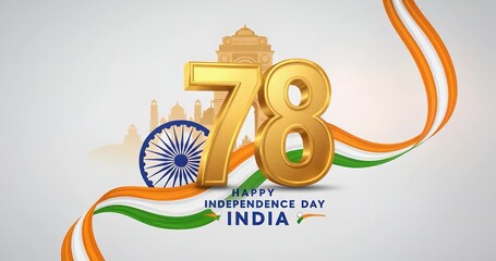 Number seventy eight slowly rotate on axis with metallic sheen and flag ribbon creating a patriotic and celebratory backdrop, likely for India's Independence Day