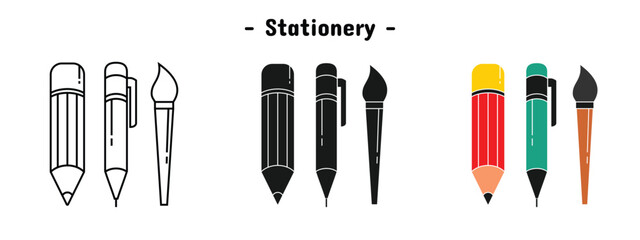 pencil, pen, and paintbrush set design. Stationery, in various variants. Back to school.