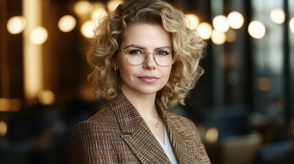 Obraz premium Confident woman, curly hair, glasses, lobby, bokeh, portrait, professional, business, headshot, website