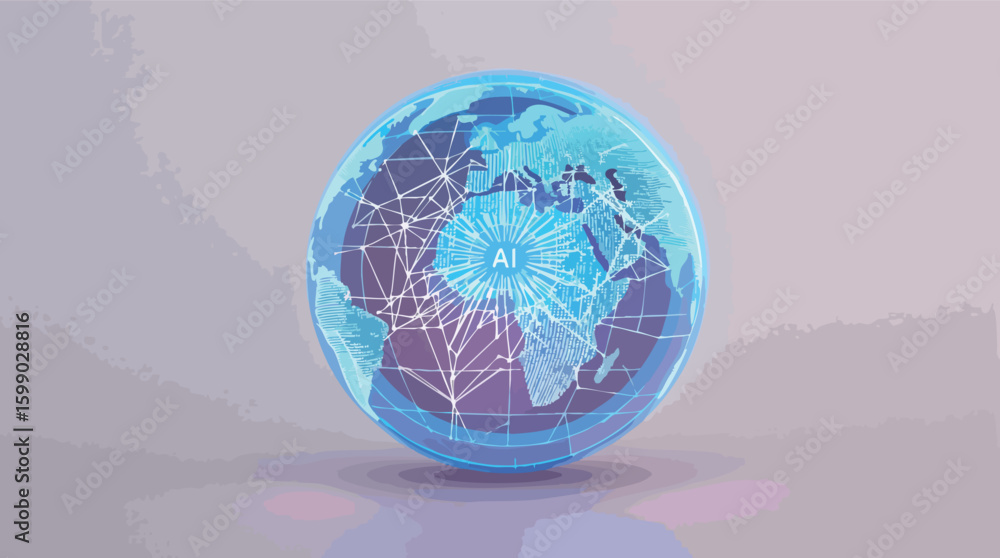 Poster artificial intelligence concept depicted as a globe with connected networks and ai text.