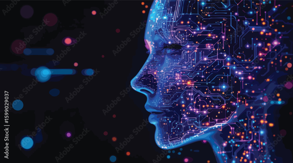 Poster artificial intelligence concept representing human face connected with circuits and data processing.