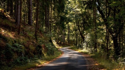 Obraz premium Serene Forest Road: A Picturesque Countryside Drive
