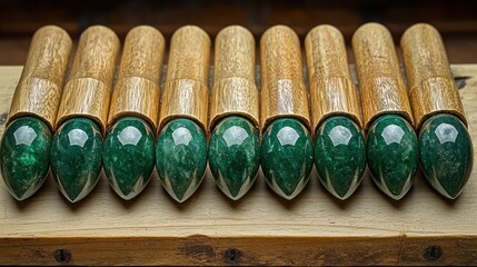 Ten Polished Green Aventurine Stones in Wooden Holders