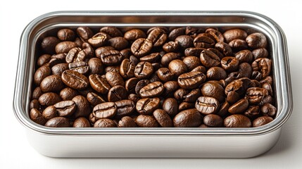 Roasted Coffee Beans in a Stainless Steel Container