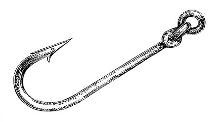 A starkly drawn, curved metal fishing hook with a shackle and eyelet on a white background