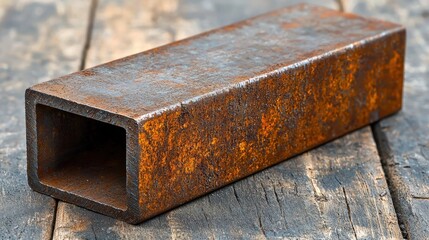 Rusty Square Metal Tube on Wooden Surface