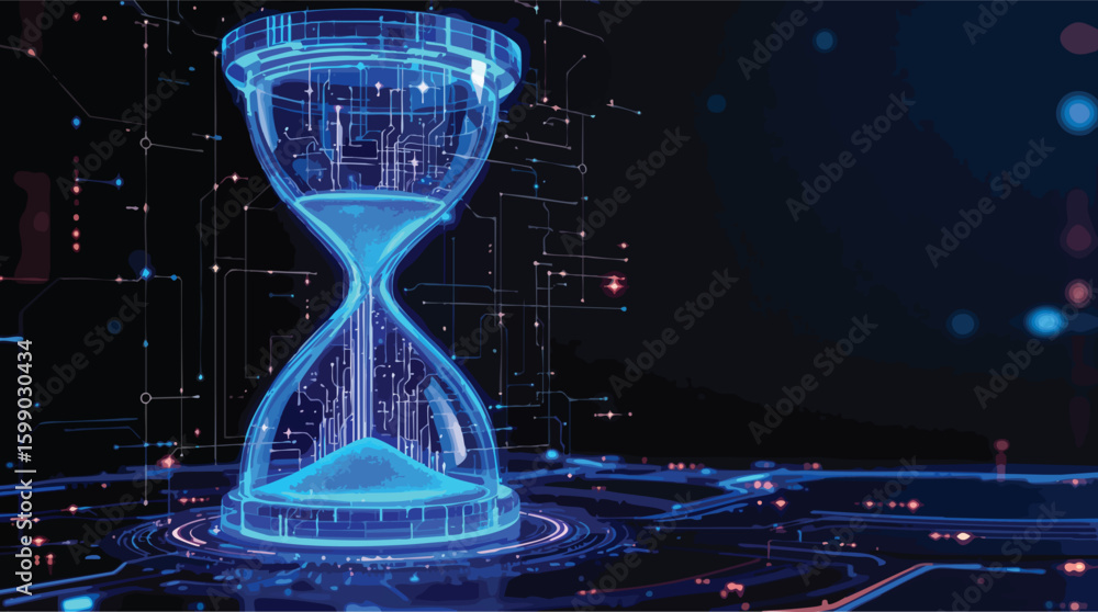 Poster digital hourglass with circuit board design representing the flow of time and technology.