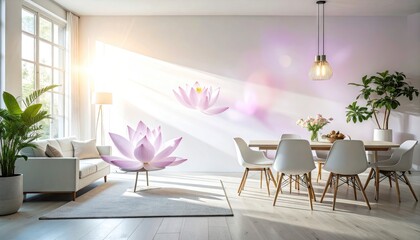 Soft Sunlight Illuminates Interior Space with Floating Lotus Flowers and Modern Furniture