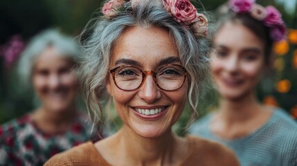 Portrait of a woman with grey hair and glasses, wearing a flower crown, with two other women blurred in the background. A joyful, serene, and feminine image.