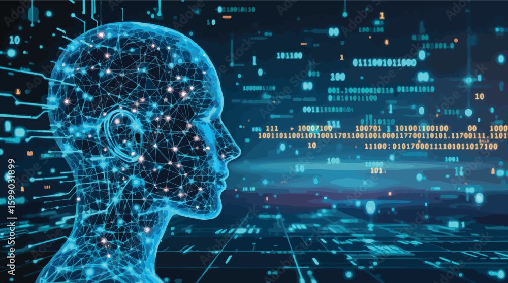 Poster digital representation of human brain illustrating artificial intelligence and data processing.