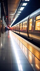 Obraz premium Subway Train Arriving At Station Platform Under Artificial Warm Lighting with Reflections
