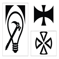 Black graphic designs including lightbulb with tool and cross shapes white illustration