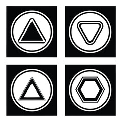 Four black and white geometric shapes within white circles on black background triangle