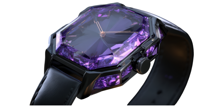 Luxury Purple Gemstone Watch - Black Band Timepiece with Unique Design