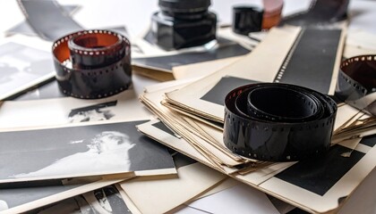 Vintage Photograph Strips and Sumi-e Ink Blending on a White Background