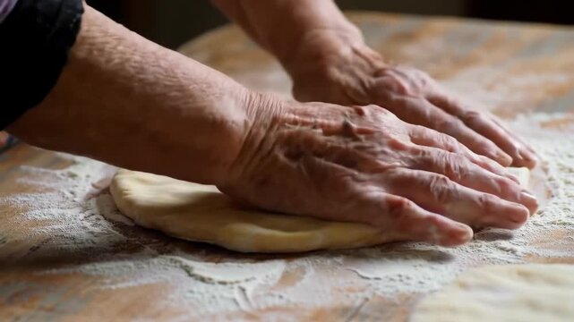 Hands flatten dough on floured surface for cooking or baking