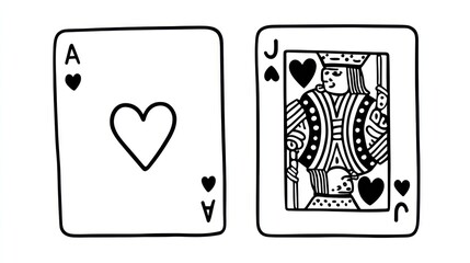 Two cartoon playing cards Ace of Hearts and Jack of Hearts, black lines on white