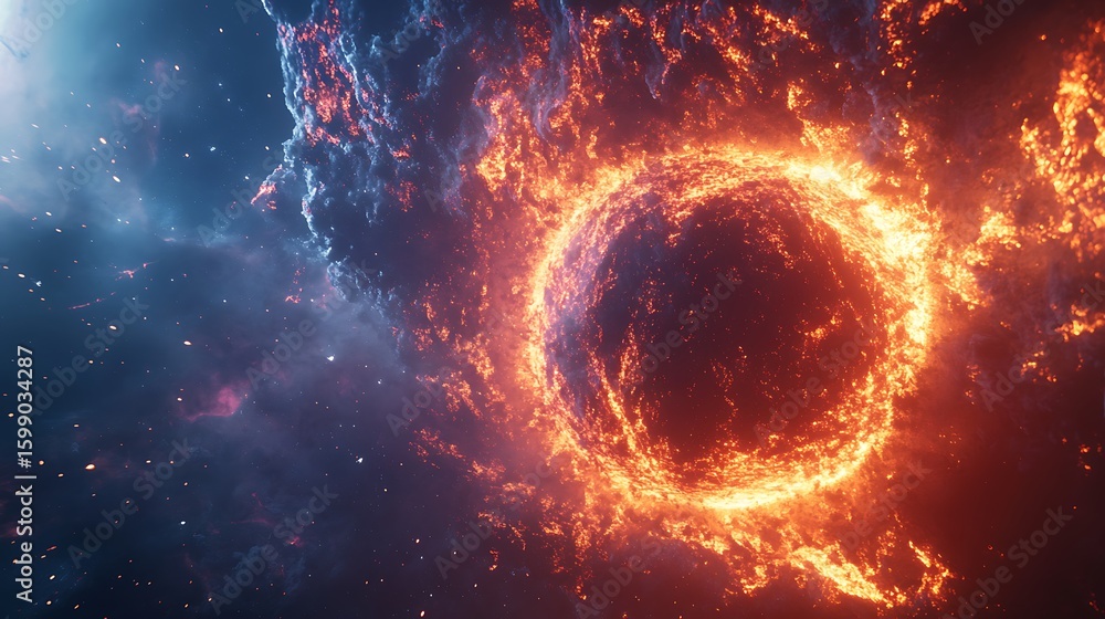 Poster fiery space object emerging from nebula with stars for science projects
