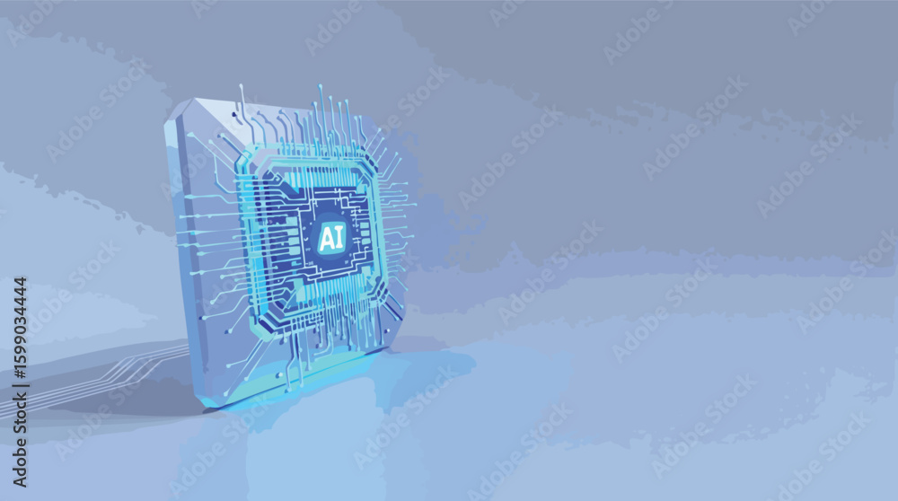 Poster futuristic 3d illustration of artificial intelligence microchip technology and circuitry.