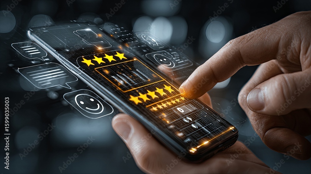 Aufkleber hand interacting with smartphone displaying glowing feedback interface, featuring star ratings and e