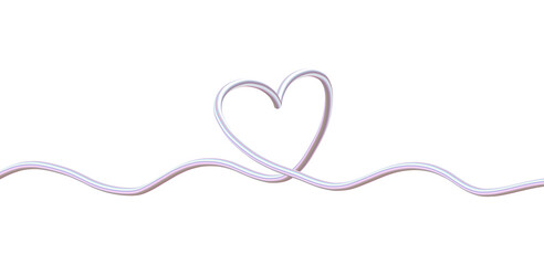 Romantic 3D Heart Line in Pearlescent Pink. Iridescent Metallic Curve with Elegant Flow. Abstract Squiggle Shape on Transparent Background.
