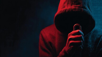 Mysterious figure in a dark hoodie holding a padlock, illuminated by red and blue lighting, creating an atmosphere of secrecy and intrigue in a digital environment
