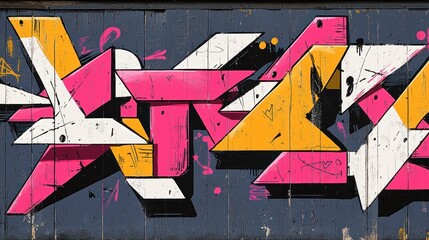 Abstract Geometric Graffiti Art: Vibrant Pink, White, and Yellow on Dark Grey Background
