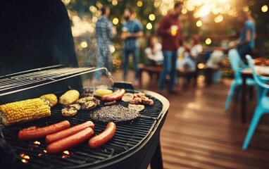 Delicious food grilling on a barbecue grill during a backyard party with friends enjoying drinks and beer in the background