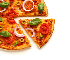 Tasty pizza with olives, tomatoes and basil on white background