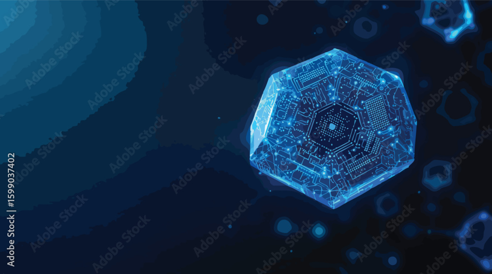 Poster futuristic digital circuitry embedded within a glowing geometric structure displaying technological 