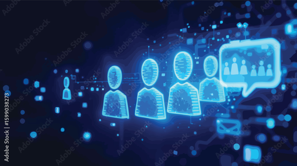 Poster futuristic digital representation of teamwork collaboration and communication with glowing elements.