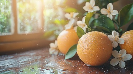 Fresh Juicy Oranges with Blossoms