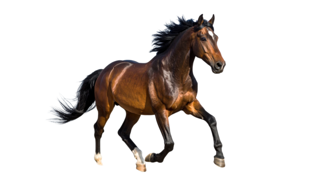 A chestnut horse in full stride isolated on a transparent background.