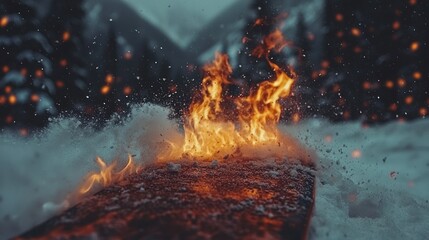 Fiery Winter Night: Embers Dance on Snow-Covered Board
