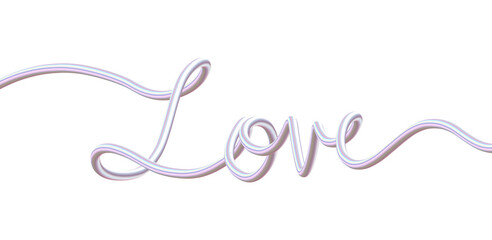 3D Iridescent Cursive “Love” Word Art. Continuous Line Typography in Pink Pearl Tones. Romantic Glossy Text Design Element.