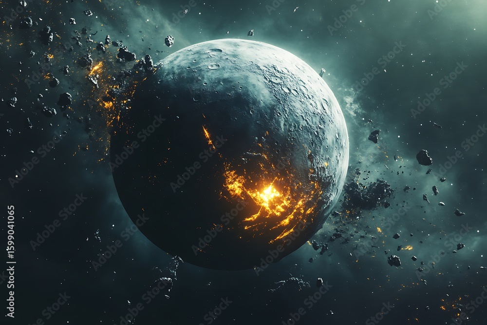 Poster exploring distant planet surface with asteroid field and bright light