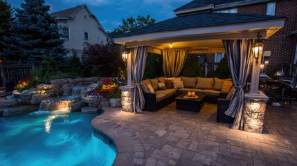 Obraz premium Outdoor patio cover with pool, landscaping, and seating