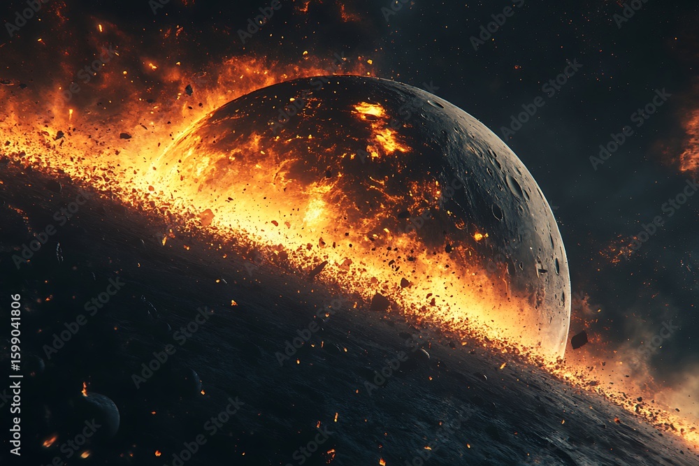 Poster exploding planet scene with fiery debris in space art illustration