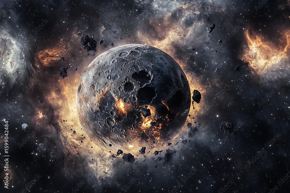 Poster dramatic planetary collision in deep space with debris and nebula